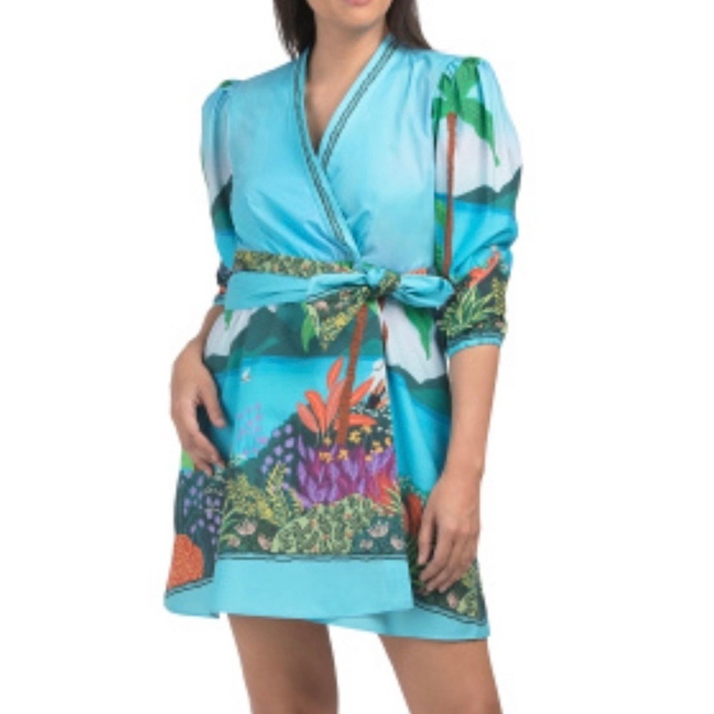 CELINA MOON Wrap‎ Mini Dress Tropical Palm Print V Neck Elbow Sleeve Women M New
